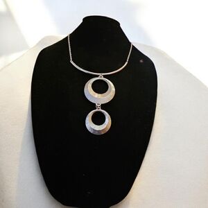Silver-toned Choker Necklace Two Large Dangling, Textured Circular Pendants